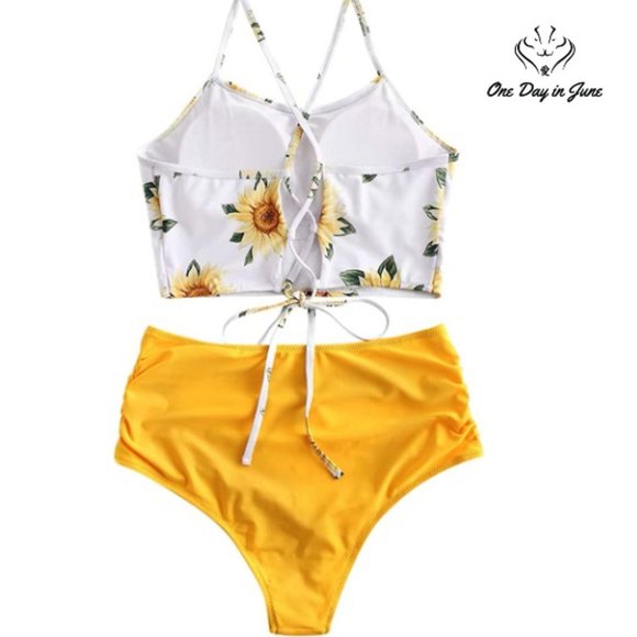 ZAFUL Sunflower Padded Lace Up Ruched Bikini - Picture 2 of 3
